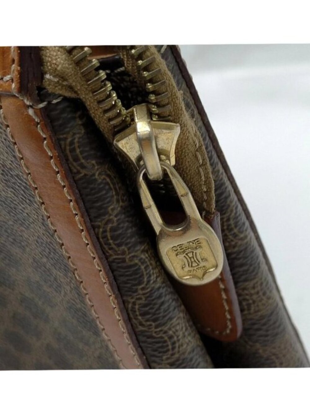 Authentic Celine Macadam Canvas Clutch Brown Leather Trim Vintage Designer Pouch - Picture 6 of 16